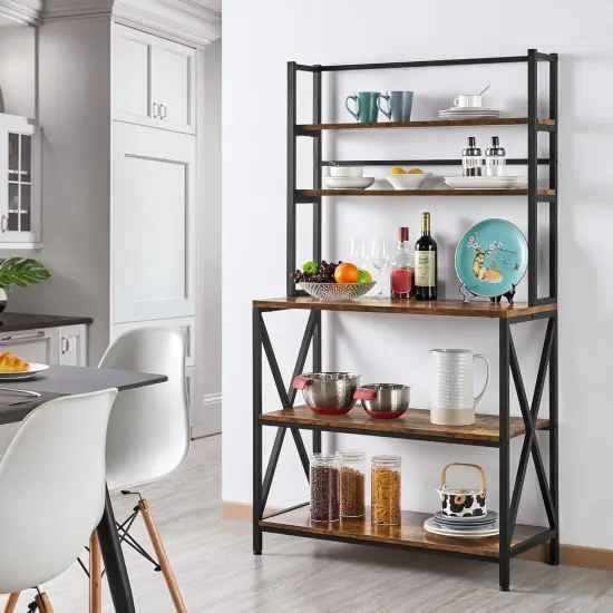 Wood Metal 5-Tier Adjustable Baker&rsquo;s Rack for Kitchen and Living Room Storage Brown {4}