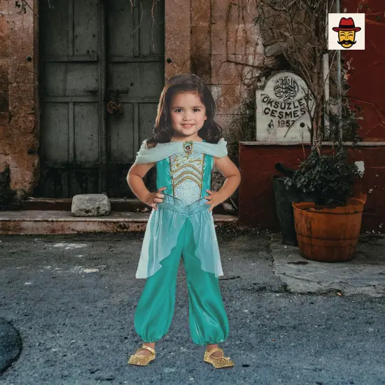 Girls Classic Jasmine Costume Teal Sheer Pantsuit Gold Detailing Disney Princess {1}