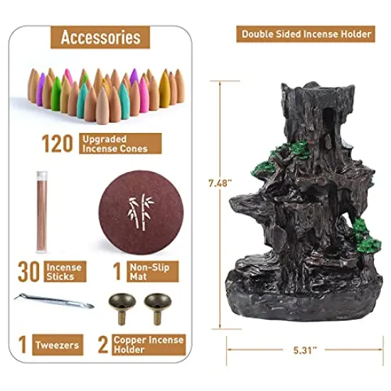 Dual Sided Incense Burner, Resin River Tower Backflow Incense Holder, Cool Aromatherapy Incense Fountain Smoke Mountain Waterfall with 120 Upgraded Incense Cones+30 Incense Sticks {4}