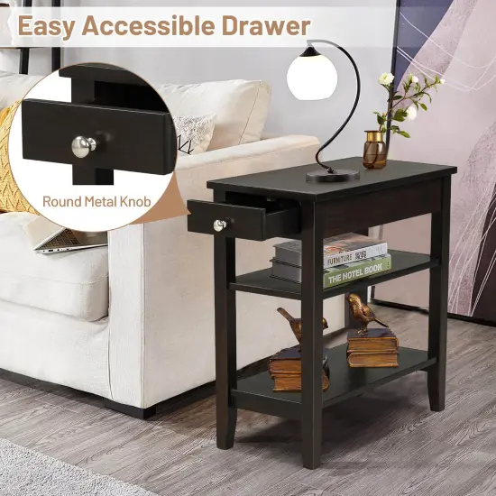 Costway 3-Tier Side End Table with Drawer Double Shelf Narrow Nightstand Espresso\Black {4}