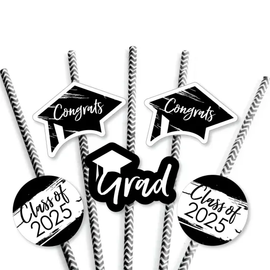 Big Dot of Happiness Black and White 2025 Graduation Paper Straw Decor - Party Striped Decorative Straws - Set of 24 {7}