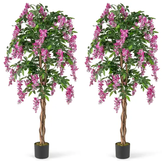 Costway 1/2 PCS 5.5 FT Tall Artificial Ficus Tree Faux Wisteria Plant in Nursery Pot Decoration Pink/Purple {8}