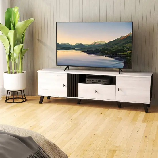 Costway Mid Century Modern TV Stand for 80" TVs with Open Shelf 2 Side Cabinets {4}