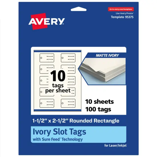Avery Printable Rounded Rectangle Slot Tags, Sure Feed Technology, 1-1/2" x 2-1/2", Matte Ivory Cardstock, Print-to-The-Edge, Laser/Inkjet Printable, 100 Total {7}