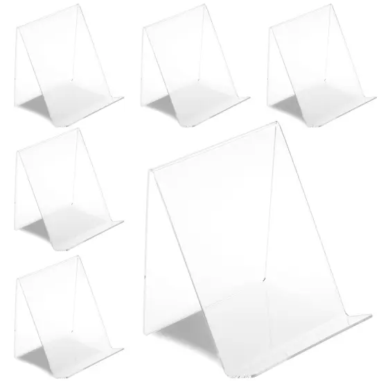 6-Pack Acrylic Book Stand for Display, 4.5x5-Inch Clear Easel, Transparent Holder with Ledge for Displaying Comics, Magazines, Pictures, Phones, Tablets, CDs, Notebooks {1}
