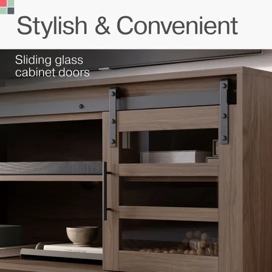 Stead Modern Farmhouse TV Stand, Media Console with Sliding Glass Doors, 58&rdquo; Entertainment Center with Storage, Barn Door TV Stand for Living Room and Bedrooms, Supports 32 to 65" TVs (Driftwood) {5}