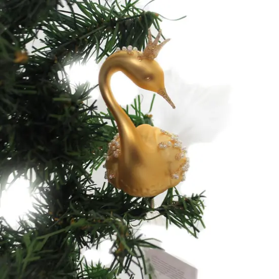 Golden Bell Collection 4.0 Inch Golden Swan Clip On Christmas Tree Ornament , Christmas Decor Ornament Czech Feather {2}