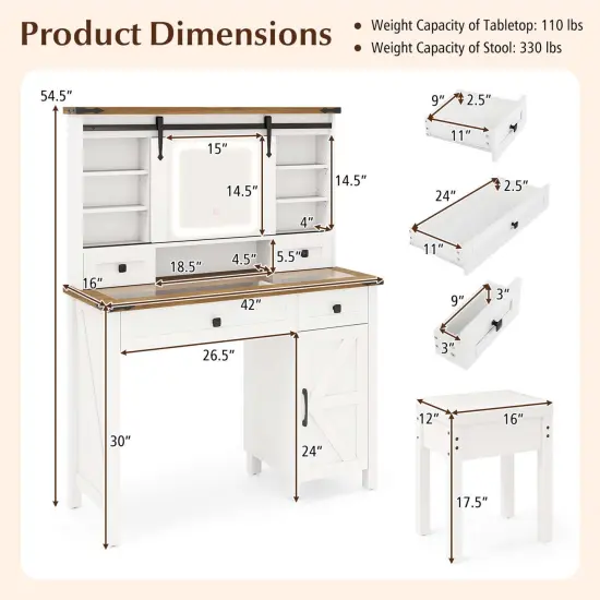 Costway Farmhouse Vanity Desk with Sliding Mirror Makeup Vanity Table with 3 Lighting Modes {3}