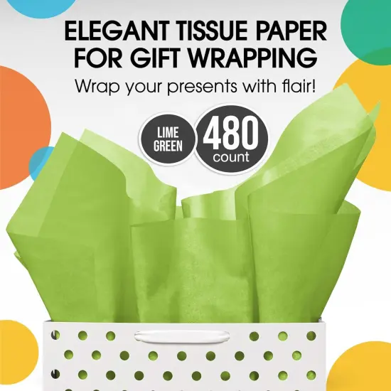 Tissue Paper for Gift Bags - 15" x 20"Bulk Tissue Paper Dark Blue 480 Sheets - 10lb Newsprint for Packing, Birthday Gift Box Filler, Packing Supplies for Moving SuppliesLime {4}