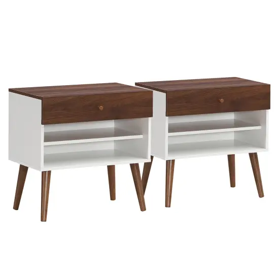 Costway 2PCS Nightstand End Side Table Drawer Storage Shelf Mid-Century Rubber Wood Leg {1}