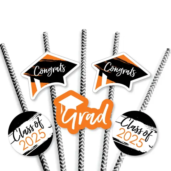 Big Dot of Happiness Orange 2025 Graduation Paper Straw Decor - Party Striped Decorative Straws - Set of 24 {7}