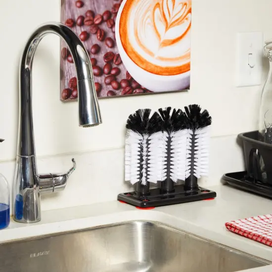 Bar Wine Glass Washer for Sink - 3 Head Bottle Brush Cleaner with Suction Base for Kitchen Black {4}
