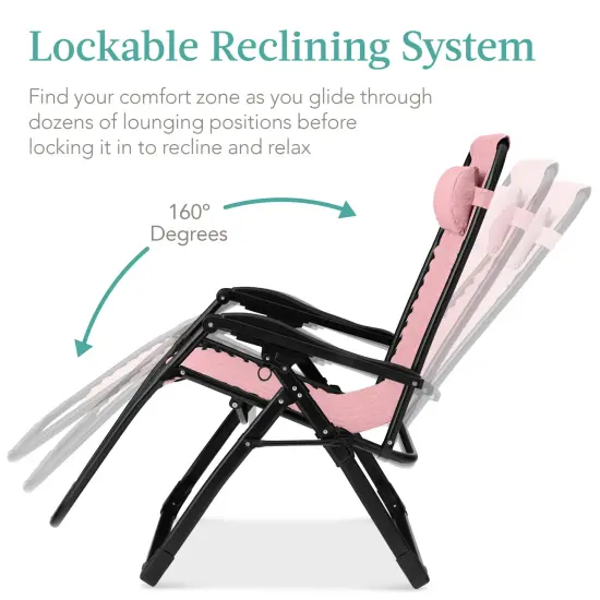 Best Choice Products Oversized Zero Gravity Chair, Folding Recliner w/ Removable Cushion, Side Tray Pink {5}
