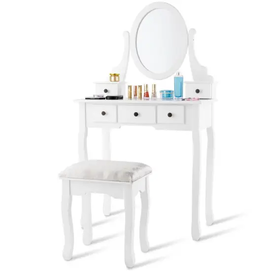 Costway Makeup Desk Vanity Dressing Table Oval Stool 5 Storage Drawers {2}