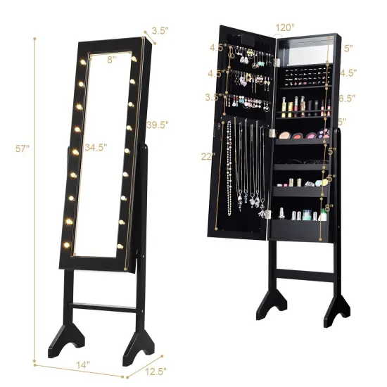Costway Mirrored Jewelry Cabinet Organizer w/18 LED lights Black {2}
