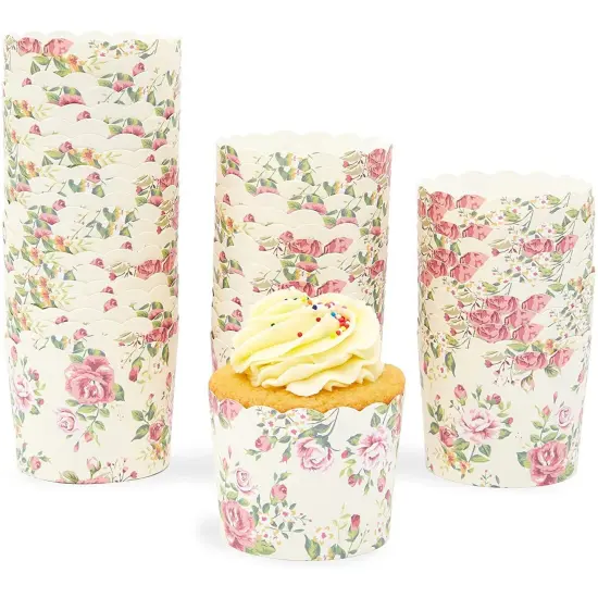 50-Pack Vintage Style Floral Cupcake Wrappers for Wedding, Flower Paper Baking Cups and Muffin Liners for Tea Parties, Bridal Showers, Baby Showers & Garden Parties- 2.25 x 2.75 In Yellow {1}
