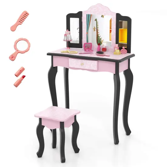 Costway Kids Vanity Table & Stool Set with Cute Polka Dot Print Tri-folding Mirror Drawer Pink&White/Light Pink&White/Pink&Black/Blue/Pink {9}