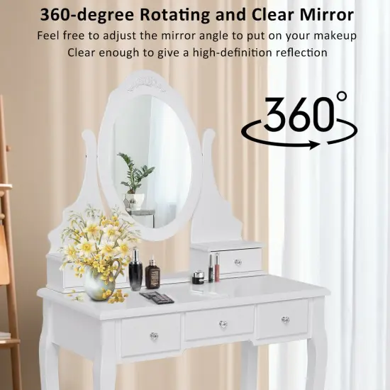 Costway Bedroom Wooden Mirrored Makeup Vanity Set Stool Table Set White 5 Drawers {6}