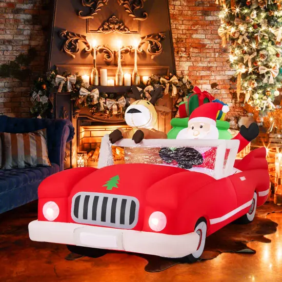 Costway 7.7 FT Long Christmas Inflatable Santa Claus and Reindeer Riding Red Car {1}