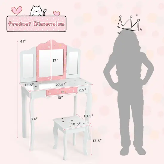 Costway Kids Vanity Princess Makeup Dressing Table Chair Set W/ Tri-folding Mirror {3}