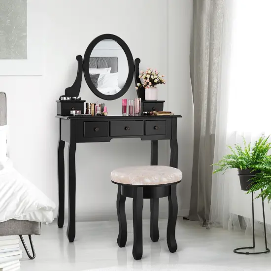 Costway Vanity Table Makeup Table Cushioned Mirror 5 Drawers Black {6}