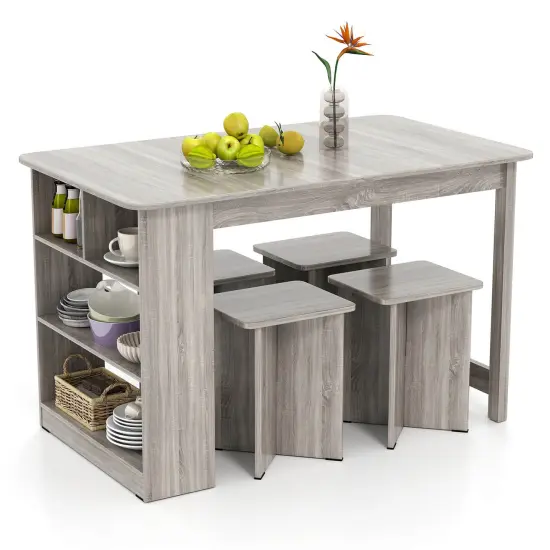 Costway 5 PCS Dining Table Set with Storage Shelf Rectangular Kitchen Table with 4 Stools Beige/Gray {7}