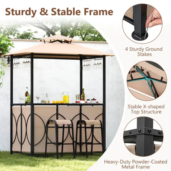 Costway 6.5 x 4 x 8 FT Grill Gazebo Set with 2 Bar Stools, Tempered Glass Bar Table Brown/Gray {5}