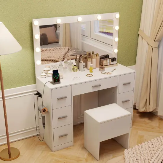 Costway Vanity Desk with Mirror and Lights Storage Stool Power Outlets 3 Lighting Colors {6}