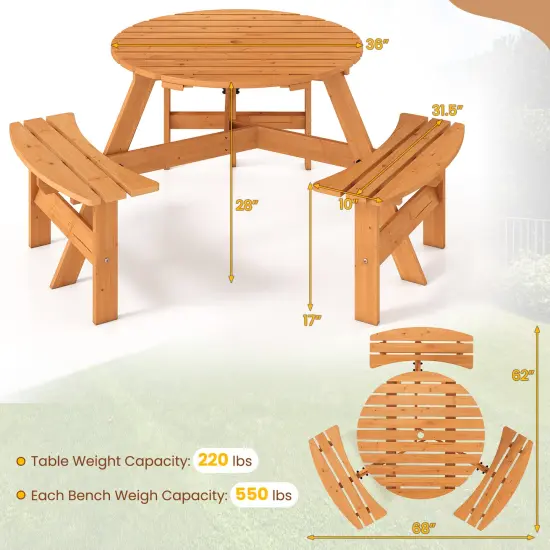 Costway 6-Person Round Picnic Table Set with 3 Built-in Benches 2" Umbrella Hole, Brown/Yellow {3}
