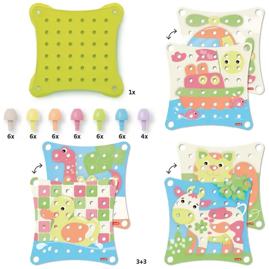 Quercetti: PlayEco+ Jumbo Peggy Evo - Pegs Stacking & Color Matching Toy, Illustrated Cards & Linking Boards, Animal & Vehicle Scenes, Toddler-Kid 2+ {6}