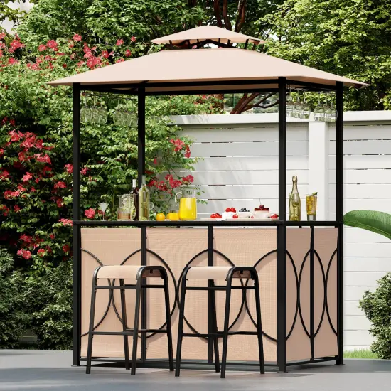 Costway 6.5 x 4 x 8 FT Grill Gazebo Set with 2 Bar Stools, Tempered Glass Bar Table Brown/Gray {2}
