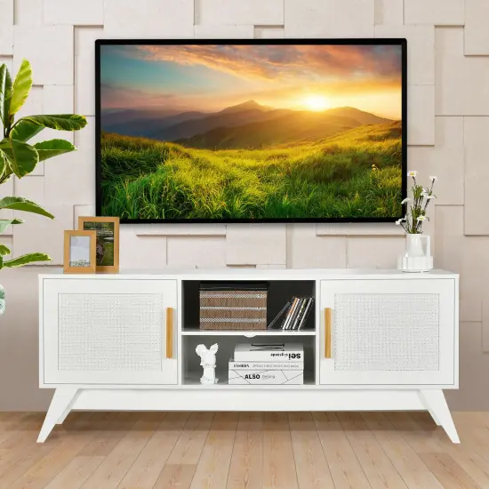 Costway TV Stand Entertainment Media Console w/ 2 Rattan Cabinets & Open Shelves {3}