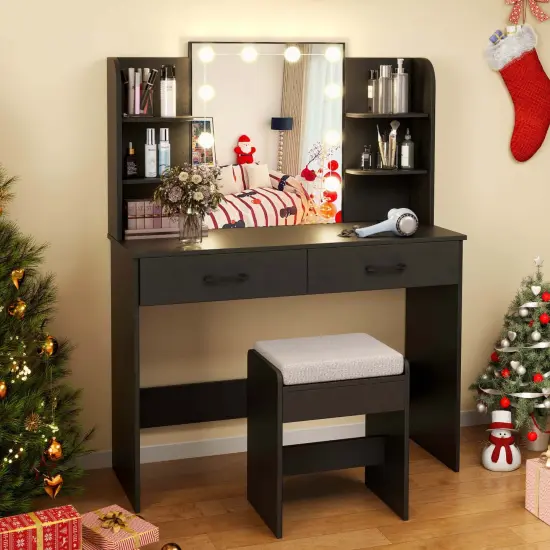 Costway Makeup Vanity Desk with Lighted Mirror Charging Station 3-Color Dimmable LED Lights White/Black {4}