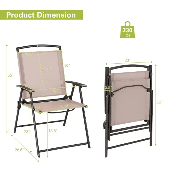Costway 2 pcs Patio Folding Sling Dining Chairs Armrests Steel Frame Outdoor Beige/Grey {4}