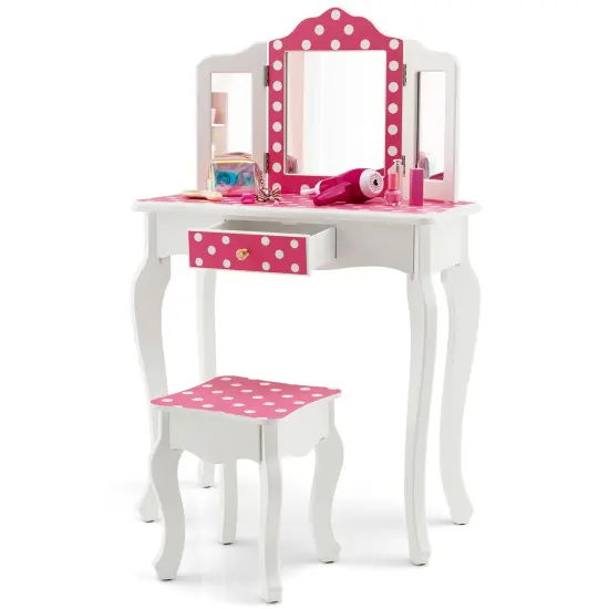 Costway Kid Vanity Set Wooden Makeup Table Stool Tri-Folding Mirror Leopard Print {7}