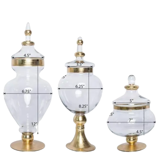 3 pcs 11" 16" 18" tall Clear Glass Gold Trim Apothecary Jars Candy Buffet {1}