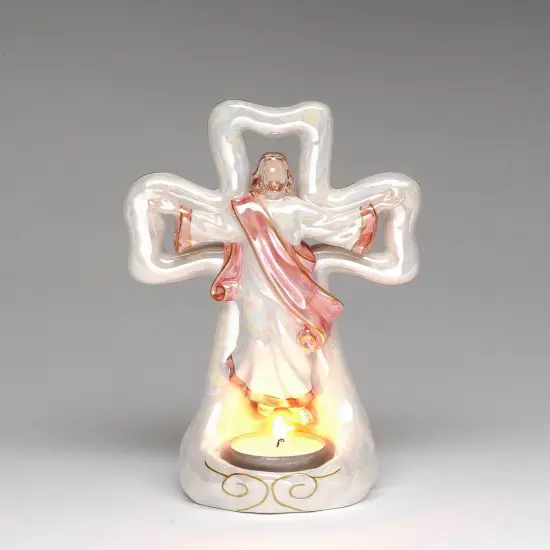 Ceramic Jesus with Cross Tealight Candle Holder, Religious D&eacute;cor, Religious Gift, Church D&eacute;cor, Church Gift, Baptism Gift {3}