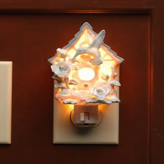 Ceramic Hummingbird with Birdhouse Plug-In Nightlight, Bird Watcher Gift, Garden Decor, Home Decor, Gift for Her, Gift for Mom {2}