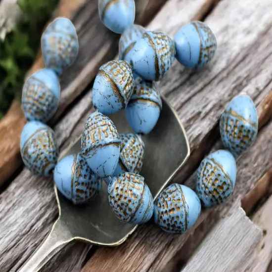*8* 10x12mm Bronze Washed Opaque Pacific BlueAcorn Oval Beads {3}