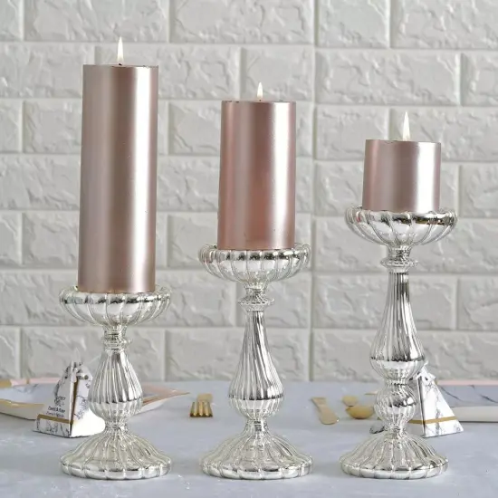 3 pcs Silver Mercury Glass Pillar Candle Holders Wedding Events Centerpieces {2}