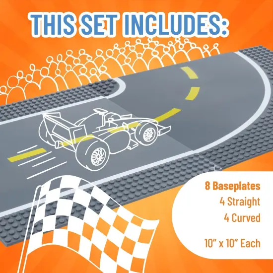 Strictly Briks Building Blocks Road Plates 10" x 10", 8 Pack Kids Brick Baseplates for City Road, Street, Race Track, Compatible with All Major Brands Classic Size (4 Straight & 4 Curved), Ages 3-14 Grey {3}