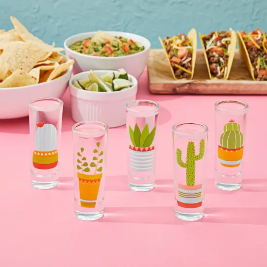 5 Pack Shot Glasses Set with Cactus Designs for Bachelorette, Fiesta Supplies, Western-Themed Party, Round, Decorative Shot Glasses with Heavy Base for Tequila, Whiskey, Vodka (2 oz) Green {4}
