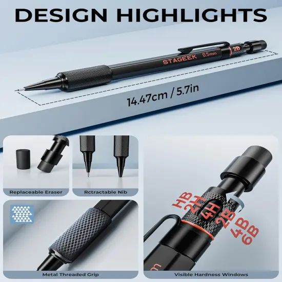 0.5mm Mechanical Pencil Set, 3PCS Metal Mechanical Pencils 0.5mm with 6 Tubes HB & 2B Lead Refills, Erasers, Weatherproof Artist Pencils with Case for Outdoor Writing Drafting Drawing {5}