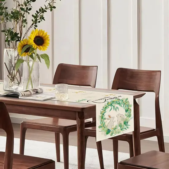 Easter Table Runner, Bunny Rabbit Flowers Leaves Green Easter Table Runners 72 Inches, Farmhouse Spring Kitchen Dining Table Decoration for Home Party Decor {3}