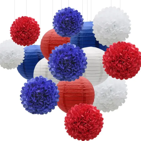 Hanging Party Decorations Set, 15pcs Navy Blue White Red Paper Flowers Pom Poms Balls and Paper Lanterns for 4th of July Decorations Patriotic Decoration Wedding Birthday Baby Shower {1}