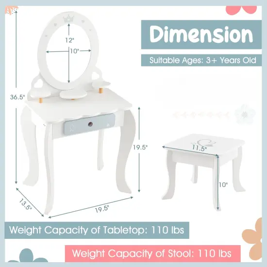 White MDF Kids Vanity Set with Removable Mirror, Storage, Stool, and Accessories {6}