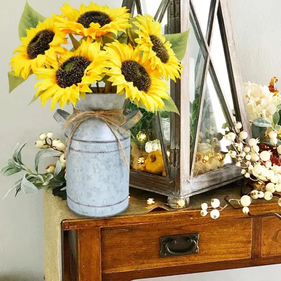 Artificial Sunflowers in Rustic Galvanized Metal Milk Vase 12" Tall Farmhouse Centerpiece Yellow Silk Sunflower Stems Floral Arrangements for Country Fall Wedding Home Kitchen Table D&eacute;cor {3}