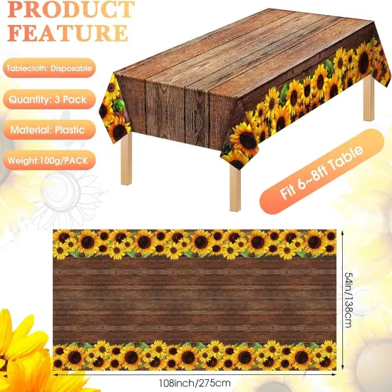 3 Pcs Sunflower Wood Grain Plastic Rustic Tablecloth Vintage Rectangle Table Covers Countryside Outdoor Tablecloth for Dining Table Kitchen Party Banquet, 54 x 108 Inch {2}