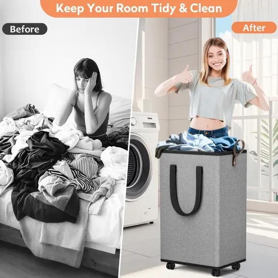 Laundry Basket with Wheels, Collapsible Laundry Baskets, Laundry Hamper with Handles Detachable Wheels, Rolling Laundry Basket, Dirty Clothes Hamper {3}