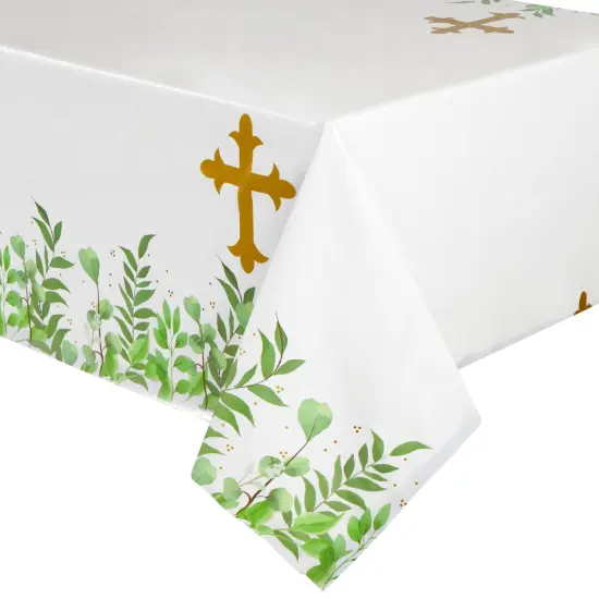 3-Pack Religious Table Covers for Easter Party, Baptism, First Communion, Catholic Gold Cross Plastic Tablecloth - 54x108 inch - Party Accessory for Themed Events and Special Occasions {5}